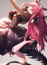 Rule 34 | 1girl, :d, arm up, black footwear, black ribbon, black skirt, blue eyes, bodysuit, commentary request, dragon horns, dragon tail, elizabeth bathory (fate), fate/extra, fate/extra ccc, fate (series), feet out of frame, gradient background, grey background, hair between eyes, hair ribbon, high heels, horns, ibuki notsu, long hair, looking at viewer, official alternate costume, open mouth, red hair, ribbon, skirt, smile, solo, tail, tsurime, very long hair