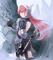 Rule 34 | 1girl, absurdres, arm guards, armor, armored dress, artist name, axe, back, back cutout, backless dress, backless outfit, bare back, black gloves, blue dress, cherche (fire emblem), closed mouth, clothing cutout, commentary request, da-cart, dragon, dress, elbow gloves, fire emblem, fire emblem awakening, floating hair, from behind, gloves, hair between eyes, highres, holding, holding axe, holding weapon, lips, long hair, looking at viewer, maid headdress, nintendo, pink eyes, pink hair, pink lips, puffy sleeves, shoulder armor, sidelocks, signature, slit pupils, striped, thigh cutout, vertical stripes, weapon, wing hair ornament, wyvern