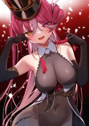 Rule 34 | 1girl, :d, absurdres, bare shoulders, black gloves, black hat, blush, breasts, brown leotard, cleavage, covered navel, detached collar, elbow gloves, eyes visible through hair, gloves, hair between eyes, hair over one eye, hat, heterochromia, highres, hololive, houshou marine, houshou marine (marching band), itohana, large breasts, leotard, long hair, looking at viewer, multicolored hair, open mouth, pantyhose, red eyes, red hair, see-through, see-through cleavage, shako cap, smile, solo, streaked hair, two-tone hair, upper body, very long hair, virtual youtuber, white hair, yellow eyes