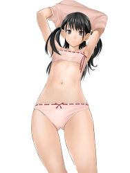 Rule 34 | 1girl, armpits, arms up, black hair, bra, cinderella bust, cowboy shot, flat chest, highres, hitori (htr t), long coat, looking at viewer, md5 mismatch, navel, original, panties, pink bra, pink panties, ribbon-trimmed underwear, ribbon trim, simple background, solo, training bra, two side up, underwear, underwear only, undressing, white background