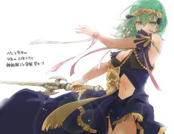 Rule 34 | 1girl, blue dress, breasts, byleth (female) (fire emblem), byleth (fire emblem), cleavage, clothing cutout, cosplay, cowboy shot, detached sleeves, diadem, dress, enlightened byleth (female), fire emblem, fire emblem: three houses, floating hair, green eyes, green hair, hair between eyes, holding, holding sword, holding weapon, lens flare, long hair, looking at viewer, medium breasts, midriff, navel, nintendo, robaco, see-through, see-through sleeves, simple background, solo, sothis (fire emblem), sothis (fire emblem) (cosplay), standing, stomach, stomach cutout, sword, twitter username, weapon, white background