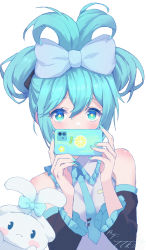 Rule 34 | 1girl, absurdres, black sleeves, blue bow, blue eyes, blue hair, blue necktie, bow, cellphone, cinnamiku, cinnamoroll, detached sleeves, folded twintails, frilled shirt, frilled sleeves, frills, hair bow, hatsune miku, highres, holding, holding phone, long hair, long sleeves, looking at viewer, necktie, phone, sanrio, shiny skin, shirt, signature, simple background, sleeveless, sleeveless shirt, smartphone, solo, star-shaped pupils, star (symbol), symbol-shaped pupils, tied ears, twintails, upper body, vocaloid, w-t, white background, white shirt