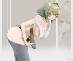 1girl :o alternate_costume arched_back artist_name ass bare_shoulders black_panties breasts caesar_king_(zenless_zone_zero) collarbone from_side gixtsuki green_hair grey_thighhighs hair_between_eyes hair_intakes highres large_breasts long_hair panties prosthesis prosthetic_arm solo stomach thighhighs thighs topless towel_around_breasts underwear yellow_eyes zenless_zone_zero zoom_layer