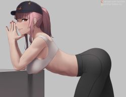 Rule 34 | 1girl, bad id, bad pixiv id, baseball cap, bent over, blunt bangs, breasts, brown eyes, crop top, crop top overhang, fingers together, hat, hololive, hololive english, large breasts, long hair, looking at viewer, mori calliope, mori calliope (streetwear), nail polish, pink hair, ponytail, profile, putcher, smile, solo, tank top, virtual youtuber