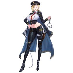 Rule 34 | 1girl, between breasts, blonde hair, breasts, c.honey, cape, cleavage, cuffs, femdom, full body, game cg, gun, hair between eyes, handcuffs, handgun, hat, highres, large breasts, last origin, looking at viewer, midriff, navel, necktie, necktie between breasts, official art, pants, pistol, police, police hat, police uniform, policewoman, purple eyes, sadius of retribution, short hair, smile, solo, tachi-e, tight clothes, tight pants, transparent background, uniform, weapon, whip