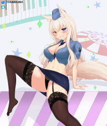 Rule 34 | 1girl, absurdres, alternate costume, animal ear fluff, animal ears, arm support, artist name, aseiusx, between breasts, black panties, blonde hair, blue eyes, blue necktie, blue shirt, blue skirt, blush, breasts, brown thighhighs, cat ears, cat girl, cat tail, cleavage, coconut (nekopara), collared shirt, commentary, commission, cropped shirt, curvy, eyelashes, eyes visible through hair, foot out of frame, garter straps, grin, hair between eyes, heterochromia, highres, large breasts, leaning back, lingerie, long hair, looking at viewer, midriff, miniskirt, navel, necktie, necktie between breasts, nekopara, no shoes, panties, pencil skirt, police, police uniform, policewoman, seductive smile, shirt, short sleeves, sidelocks, simple background, sitting, skirt, slit pupils, smile, solo, spread legs, star (symbol), straight hair, tail, thighhighs, thighs, tsurime, underwear, uniform, very long hair, white background, yellow eyes