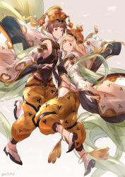 Rule 34 | 10s, 1boy, 1girl, anklet, apsaras (granblue fantasy), bad id, bad pixiv id, blonde hair, bracelet, brown eyes, brown hair, colorized, detached sleeves, djeeta (granblue fantasy), gran (granblue fantasy), granblue fantasy, hat, highres, jewelry, md5 mismatch, milli0401, puffy pants, resolution mismatch, short hair, twitter username