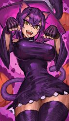 Rule 34 | 1girl, absurdres, animal ears, blair (soul eater), breasts, cat ears, cat tail, dress, hat, highres, looking at viewer, open mouth, purple hair, saiykik, solo, soul eater, tail, thighhighs, witch, witch hat, yellow eyes