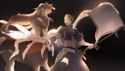 Rule 34 | 2boys, achilles (fate), adapted costume, animal ears, armor, breastplate, brown hair, capelet, centaur, chiron (fate), cosplay, fate/apocrypha, fate (series), flag, horse ears, jeanne d&#039;arc (fate), jeanne d&#039;arc (fate) (cosplay), jeanne d&#039;arc (ruler) (fate), long hair, male focus, manly, mordred (fate), mordred (fate) (cosplay), mordred (fate/apocrypha), multiple boys, no-kan, plackart, taur, thighhighs