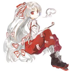 Rule 34 | 1girl, baggy pants, black footwear, boots, bow, collared shirt, commentary request, fujiwara no mokou, hair bow, konabetate, long hair, long sleeves, looking at viewer, ofuda, ofuda on clothes, pants, red eyes, red pants, shirt, simple background, sleeve garter, smoke, smoking pipe, solo, suspenders, touhou, very long hair, white background, white bow, white hair, white shirt