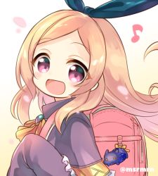 Rule 34 | 1girl, :d, backpack, bad id, bad pixiv id, bag, bag charm, black ribbon, blonde hair, blush, brown background, charm (object), dress, eighth note, forehead, gradient background, hair ribbon, hand up, long hair, long sleeves, looking at viewer, looking to the side, mashiro miru, monster strike, musical note, open mouth, pandora (monster strike), parted bangs, purple dress, randoseru, red eyes, ribbon, sleeves past fingers, sleeves past wrists, smile, solo, twitter username, upper body, very long hair, white background
