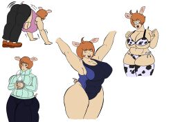 Rule 34 | absurdres, animal ears, animal print, ass, beefmaster, breasts, brown eyes, brown hair, cow print, elf-san wa yaserarenai., highres, large breasts, oku (elf-san wa yaserarenai.), one-piece swimsuit, pig ears, pig tail, red hair, smile, surprised, sweater, swimsuit, tail, thick thighs, thighs, white background, yoga