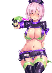 Rule 34 | 1girl, bikini, breasts, cleavage, closed mouth, commentary request, cosplay, covered erect nipples, elbow gloves, fate/grand order, fate (series), florence nightingale (fate), florence nightingale (trick or treatment) (fate), florence nightingale (trick or treatment) (fate) (cosplay), garter straps, gloves, green bikini, green thighhighs, hat, highres, id card, large breasts, legs together, lips, looking at viewer, mash kyrielight, multicolored bikini, multicolored clothes, navel, nurse cap, official alternate costume, pink hair, purple eyes, revealing clothes, saliva, satou kuuki, see-through, shiny clothes, shiny skin, short hair, short sleeves, shrug (clothing), side-tie bikini bottom, simple background, sitting, skirt, smile, solo, sweat, swimsuit, syringe, thighhighs, white background