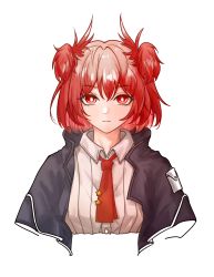 Rule 34 | 1girl, arknights, black jacket, bright pupils, collared shirt, fiammetta (arknights), highres, jacket, looking at viewer, necktie, open clothes, open jacket, pin, ragdoll733, red eyes, red hair, red necktie, shirt, short hair, simple background, solo, star (symbol), straight-on, upper body, white background, white pupils, white shirt