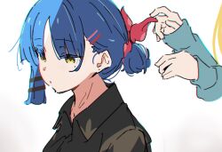 Rule 34 | 2girls, atenaba, black shirt, blonde hair, blue hair, blue jacket, bocchi the rock!, bow, chromatic aberration, closed mouth, collared shirt, earrings, hair bow, hair ornament, hair up, hairclip, highres, ijichi nijika, jacket, jewelry, long sleeves, mole, mole under eye, multiple girls, red bow, shirt, simple background, sleeves past wrists, stud earrings, upper body, white background, yamada ryo, yellow eyes
