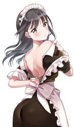Rule 34 | 1girl, absurdres, ass, back, back bow, bare shoulders, black dress, black hair, blunt bangs, blush, bow, brown eyes, copyright request, cowboy shot, dress, from behind, highres, long hair, looking at viewer, looking back, maid headdress, matsuzaki miyuki, original, parted lips, puffy short sleeves, puffy sleeves, short sleeves, simple background, solo, undressing, unzipping, white background, white bow