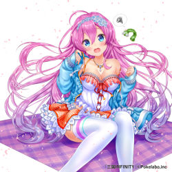 Rule 34 | 1girl, ahoge, bare shoulders, blue eyes, blush, bow, breasts, caterpillar, cleavage, collarbone, company name, copyright name, dress, full body, headband, jewelry, long hair, looking at viewer, moyon, necklace, official art, open mouth, petals, pink hair, sangoku infinity, simple background, sleeves past wrists, solo, spoken squiggle, squiggle, tears, thighhighs, very long hair, white background, white thighhighs, x x
