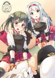 Rule 34 | 10s, 1boy, 2girls, 5han, :d, admiral (kancolle), armor, arrow (projectile), bad id, bad pixiv id, black hair, blush, brown eyes, brown hair, girl on top, gloves, green eyes, hair ribbon, hairband, hands on thighs, hat, japanese clothes, kantai collection, leaning forward, long hair, military, military uniform, multiple girls, muneate, naval uniform, open mouth, partially fingerless gloves, partly fingerless gloves, quiver, ribbon, shoukaku (kancolle), sitting, sitting on person, smile, straddling, sweatdrop, thighhighs, twintails, uniform, white hair, yugake, zuikaku (kancolle)
