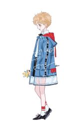 Rule 34 | 1boy, ankle socks, artist name, ashuijing, black bow, black bowtie, black footwear, black shorts, blonde hair, blue hood, blue raincoat, blue sleeves, bouquet, bow, bowtie, brown eyes, child, collared shirt, commentary, english commentary, flower, from side, full body, hands in pockets, high-waist shorts, holding, holding bouquet, hood, hood down, hooded coat, light blush, long sleeves, looking ahead, male focus, open mouth, original, raincoat, red hood, sample watermark, shirt, shoes, short hair, shorts, simple background, socks, solo, tulip, two-sided hood, watermark, white background, white shirt, white socks, yellow flower