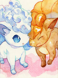 Rule 34 | alolan form, alolan vulpix, animal focus, brown eyes, commentary request, creature, creatures (company), closed eyes, full body, game freak, gen 1 pokemon, gen 7 pokemon, looking at viewer, multiple tails, nintendo, no humans, open mouth, pokemon, pokemon (creature), simple background, smile, tail, vulpix, yamanashi taiki