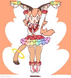 Rule 34 | angel, angel wings, animal ears, arms up, boots, bow, bowtie, caracal (kemono friends), cat ears, cat girl, cat tail, coroha, extra ears, full body, gloves, jacket, jumping, kemono friends, kemono friends v project, lifelikealive, long hair, microphone, orange hair, shirt, skirt, tail, thighhighs, virtual youtuber, wings