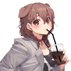 Rule 34 | 1girl, animal ears, black tank top, blush, braid, breasts, brown eyes, brown hair, cleavage, collarbone, dog ears, dog girl, drinking, drinking straw, drinking straw in mouth, extra ears, eyebrows hidden by hair, from side, gachop99, grey jacket, hair behind ear, highres, hololive, iced coffee, inugami korone, jacket, medium breasts, solo, tank top, twin braids, virtual youtuber, white background