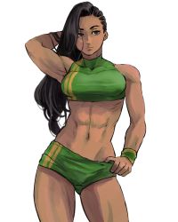 Rule 34 | 1girl, 6maker, abs, alternate costume, arm behind head, armpits, asymmetrical hair, bikini, black hair, breasts, capcom, contrapposto, cornrows, dark-skinned female, dark skin, expressionless, green tankini, grey eyes, hand in own hair, highres, laura matsuda, long hair, medium breasts, muscular, muscular female, navel, simple background, solo, standing, street fighter, street fighter v, swimsuit, tankini, thick thighs, thighs, thumb in beltline, white background, wristband