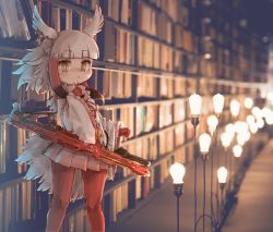 Rule 34 | 1girl, black hair, book, bookshelf, brown eyes, closed mouth, head wings, indoors, japanese crested ibis (kemono friends), kemono friends, kolshica, library, light bulb, long sleeves, looking at viewer, multicolored hair, pantyhose, photo background, red hair, red pantyhose, red skirt, short hair, skirt, solo, white hair, wings