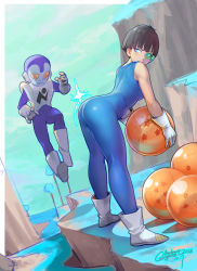 Rule 34 | 1boy, 1girl, 2016, absurdres, alien, ankle boots, armor, ass, ass focus, ball, bare shoulders, black hair, blue bodysuit, blue eyes, blue grass, blue skin, blue tree, blunt bangs, blush, bodysuit, boots, border, bowl cut, breastplate, breasts, cliff, closed mouth, cloud, colored skin, dated, day, dragon ball, dragon ball (object), dragon ball xenoverse, dutch angle, embarrassed, emblem, floating, from side, full body, gloves, gorgeous mushroom, grass, green-tinted eyewear, green sky, hand up, highres, holding, jaco (ginga patrol jaco), kneepits, leaning forward, legs apart, looking at another, medium breasts, namek, no pupils, outdoors, outside border, revision, rocket boots, saiyan, scouter, seripa, short hair, signature, sketch, skin tight, sky, sleeveless, sleeveless bodysuit, standing, star (symbol), star print, tinted eyewear, transparent, tree, unitard, wavy mouth, white border, white footwear, white gloves, yellow eyes