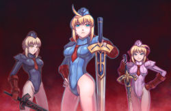 Rule 34 | &gt;:(, 3girls, ahoge, artoria pendragon (all), artoria pendragon (fate), between breasts, black background, black hat, black leotard, blonde hair, blue eyes, blue hat, blue leotard, blush, braid, breasts, breasts apart, cammy white, cammy white (cosplay), closed mouth, corruption, cosplay, cowboy shot, dark persona, excalibur (fate/stay night), excalibur morgan (fate), facing viewer, fate/stay night, fate/unlimited codes, fate (series), fingerless gloves, french braid, from below, from side, frown, garrison cap, gloves, gradient background, groin, hair bun, hair ribbon, hand on own hip, hat, highleg, highleg leotard, highres, holding, holding sword, holding weapon, impossible clothes, impossible leotard, leebigtree, legs apart, legs together, leotard, light smile, long hair, looking at viewer, medium breasts, multiple girls, necktie, necktie between breasts, nero claudius (fate), nero claudius (fate) (all), outline, pink hat, pink leotard, planted, planted sword, planted weapon, red background, red gloves, red necktie, red ribbon, ribbed leotard, ribbon, saber (fate), saber alter, serious, short hair with long locks, shoulder pads, sidelocks, single hair bun, smile, smirk, standing, street fighter, sword, thigh gap, turtleneck, v-shaped eyebrows, vambraces, weapon, yellow eyes