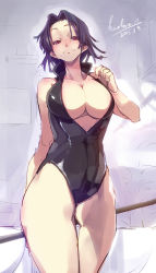 Rule 34 | 10s, 1girl, 2015, black hair, blush, breasts, cleavage, dated, female focus, front zipper swimsuit, hair intakes, hidori (hibi toridori), kantai collection, large breasts, looking at viewer, meme attire, one-piece swimsuit, red eyes, short hair, signature, smile, solo, swimsuit, tatsuta (kancolle), unzipped