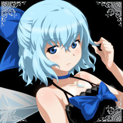 Rule 34 | 1girl, album cover, alternate costume, bare arms, bare shoulders, black dress, blue eyes, blue hair, bow, choker, cirno, collarbone, cover, dress, female focus, gem, hair bow, hand in own hair, highres, jewelry, lips, looking at viewer, matching hair/eyes, necklace, pendant, short hair, sleeveless, sleeveless dress, solo, swing holic, touhou, tsukimido, upper body, wings