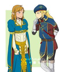 Rule 34 | 1boy, 1girl, artist name, blonde hair, blue headwear, boots, braid, bridal gauntlets, chimpukampu, closed mouth, cosplay, costume switch, earrings, eye contact, gloves, grey footwear, grey gloves, hand up, highres, jewelry, link, long sleeves, looking at another, nintendo, pointy ears, ponytail, princess zelda, royal guard set (zelda), the legend of zelda, the legend of zelda: breath of the wild, thigh boots, triforce print, watermark