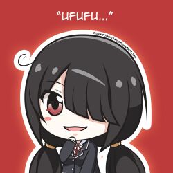 Rule 34 | 1girl, black hair, blackrose14344, chibi, date a live, hair between eyes, looking at another, low twintails, naughty face, open mouth, raizen high school uniform, red background, red eyes, school uniform, tokisaki kurumi, twintails, upper body