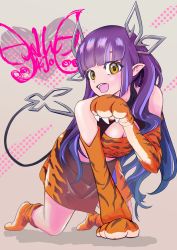 Rule 34 | 1girl, animal hands, animal print, blunt bangs, breasts, commentary request, crop top, demon girl, demon horns, demon tail, elbow gloves, full body, gloves, highres, horns, it lacks e, kojo anna, long hair, looking at viewer, medium breasts, multicolored hair, nanashi inc., open mouth, orange legwear, paw gloves, pointy ears, print gloves, print shirt, print skirt, purple hair, shirt, skirt, sleeveless, sleeveless shirt, smile, solo, sugar lyric, tail, tiger print, two-tone hair, virtual youtuber, yellow eyes