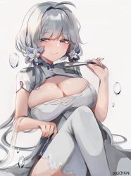 Rule 34 | 1girl, absurdres, ahoge, artist name, azur lane, blue eyes, breasts, china dress, chinese clothes, cleavage cutout, clothing cutout, commentary, crossed legs, dolechan, dress, feet out of frame, flower, grey background, grey hair, grey nails, grey thighhighs, grin, hair flower, hair intakes, hair ornament, highres, holding, illustrious (azur lane), illustrious (maiden lily&#039;s radiance) (azur lane), large breasts, light blush, long hair, looking at viewer, nail polish, official alternate costume, seductive smile, short sleeves, sidelocks, simple background, sitting, smile, solo, swept bangs, teeth, thighhighs, water drop
