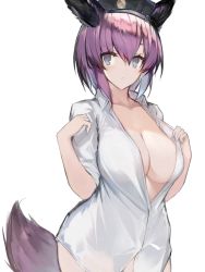 Rule 34 | 1girl, animal ears, arknights, black hat, blue eyes, breasts, cleavage, closed mouth, collarbone, cowboy shot, dur-nar (arknights), fox ears, fox tail, hat, highres, large breasts, looking at viewer, naked shirt, pink hair, shirt, short hair, short sleeves, simple background, solo, tail, white background, white shirt, yki