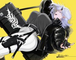 Rule 34 | 1girl, ass, belt, black gloves, black jacket, black nails, breasts, colored eyelashes, dutch angle, eyelashes, fingerless gloves, gloves, grey shirt, hair between eyes, highres, horns, huge breasts, jacket, nail polish, open mouth, original, outstretched arm, pants, sharp teeth, shirt, silver hair, simple background, solo, teeth, white pants, yellow background, zipper, zkstxxx