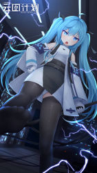 Rule 34 | 1girl, :d, ahoge, bare shoulders, black thighhighs, blue eyes, blue hair, detached sleeves, electricity, flat chest, from below, full body, girls&#039; frontline neural cloud, gloves, hair between eyes, hair ornament, hair ribbon, hand on own hip, highres, holding, holding weapon, holding whip, logo, no shoes, open mouth, panties, pantyshot, ribbon, smile, soles, solo, teeth, thighhighs, toes, twintails, underwear, upper teeth only, v-shaped eyebrows, weapon, whip, white gloves, wo you yibei jia wanli