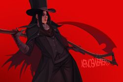 Rule 34 | 1other, black hair, bloodborne, crossover, guilty gear, guilty gear strive, hat, highres, holding, holding scythe, hunter (bloodborne), long hair, other focus, red background, red eyes, scythe, simple background, testament (guilty gear), top hat, xenosweater