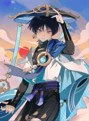 Rule 34 | 1boy, black bow, black gloves, black hair, black shirt, black shorts, blue eyes, blue hat, bow, corrupted twitter file, dust, earrings, fingerless gloves, genshin impact, gloves, hakama, hakama shorts, hand on headwear, hat, highres, jacket, japanese clothes, jewelry, jingasa, looking at viewer, male focus, mandarin collar, outdoors, parted lips, pom pom (clothes), scaramouche (genshin impact), shirt, shorts, sialou, sky, solo, vision (genshin impact), wanderer (genshin impact), white jacket