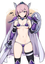 Rule 34 | 1girl, armor, bat (animal), bikini, bikini armor, black gloves, black thighhighs, blush, breasts, collarbone, commentary request, cosplay request, fate/grand order, fate (series), frown, gauntlets, gloves, hair ornament, hair over one eye, head wings, highres, holding, holding shield, holding sword, holding weapon, jp06, looking at viewer, mash kyrielight, medium breasts, micro bikini, navel, purple eyes, shield, short hair, shoulder armor, solo, swimsuit, sword, thighhighs, weapon, wings