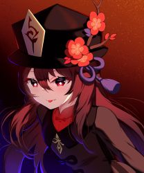 Rule 34 | 1girl, :p, absurdres, arms behind back, bluerabbit gap, brown hair, chinese clothes, commentary request, flower, genshin impact, hair between eyes, hat, hat flower, hat ornament, highres, hu tao (genshin impact), leaning forward, long hair, long sleeves, looking at viewer, porkpie hat, red eyes, sidelocks, simple background, smile, solo, symbol-shaped pupils, tongue, tongue out, twintails