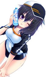 Rule 34 | 1girl, :p, ;p, absurdres, bad id, bad pixiv id, baseball cap, black hair, blue eyes, blush, bottle, bracelet, buruma, fang, gym uniform, hair ornament, hairclip, hand on own knee, haruta (806060), hat, highres, jacket, jewelry, leaning forward, long hair, moe2016, one eye closed, open clothes, open jacket, original, solo, sweat, tongue, tongue out, track jacket, water, water bottle