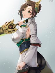 Rule 34 | 1girl, alexandria (xenoblade), ass, braid, breasts, brown hair, circlet, eyeliner, forehead protector, french braid, green eyes, headpiece, highres, huge ass, makeup, medium breasts, ornament, simple background, solo, xenoblade chronicles (series), xenoblade chronicles 3, yamamori kinako