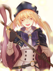 Rule 34 | 1girl, artoria caster (fate), artoria caster (second ascension) (fate), artoria pendragon (fate), blonde hair, blue cape, blue hat, blurry, blush, bokeh, brooch, brown gloves, buttons, cape, cowboy shot, crying, depth of field, double-breasted, double bun, facing viewer, fate/grand order, fate (series), gloves, hair between eyes, hair bun, hat, highres, jacket, jewelry, kima ma, mage staff, smile, solo focus, twintails, white background, white jacket