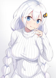 Rule 34 | 1girl, :q, ahoge, blue eyes, braid, breasts, closed mouth, covered navel, gradient background, grey background, hair between eyes, hair ornament, hand up, highres, kizuna akari, large breasts, long hair, long sleeves, looking at viewer, nekosination, ribbed sweater, sleeves past wrists, smile, solo, sweater, tongue, tongue out, turtleneck, turtleneck sweater, twin braids, upper body, voiceroid, white background, white sweater