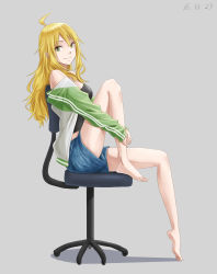 Rule 34 | 1girl, absurdres, ahoge, barefoot, benben (9456378), black shirt, blonde hair, blue shorts, breasts, chair, closed mouth, dated, full body, green eyes, green sleeves, grey background, hair between eyes, highres, hoshii miki, hugging own legs, idolmaster, idolmaster (classic), jacket, long hair, long sleeves, looking at viewer, medium breasts, office chair, open clothes, open jacket, shirt, short shorts, shorts, simple background, sitting, sleeveless, sleeveless shirt, smile, soles, solo, swivel chair, white jacket