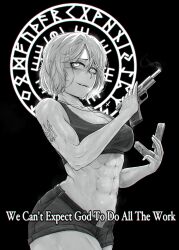 Rule 34 | 1girl, abs, arm tattoo, averting eyes, bags under eyes, bare arms, belt, belt buckle, breasts, buckle, circle, cleavage, collarbone, commentary, cowboy shot, cross, cross necklace, dark background, english text, glowing, glowing eyes, greyscale, gun, hair between eyes, handgun, highres, holding, holding gun, holding magazine (weapon), holding weapon, jewelry, large breasts, latin cross, locked slide, m1911, magazine (weapon), marichka, monochrome, navel, necklace, original, parted lips, runes, sanpaku, short hair, short shorts, shorts, sideways glance, smoke, smoking barrel, solo, sports bra, stomach, tattoo, teeth, tonka kryga, tryzub, upper teeth only, weapon