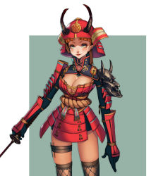 Rule 34 | 1girl, armor, black gloves, breasts, cleavage, corset, gloves, green eyes, helmet, highres, holding, holding sword, holding weapon, japanese armor, katana, long hair, mask, medium breasts, nako (ayasakinako), no bra, open mouth, orange hair, pointy ears, red lips, samurai, shoulder armor, smile, solo, sword, thigh strap, thighhighs, weapon, yellow eyes